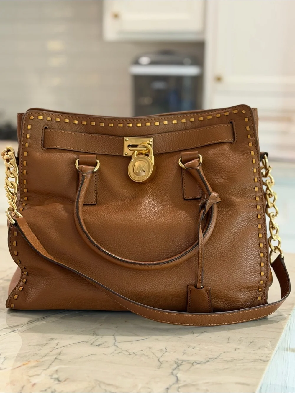Michael Kors Cognac Leather Satchel with Gold-Tone Lock
